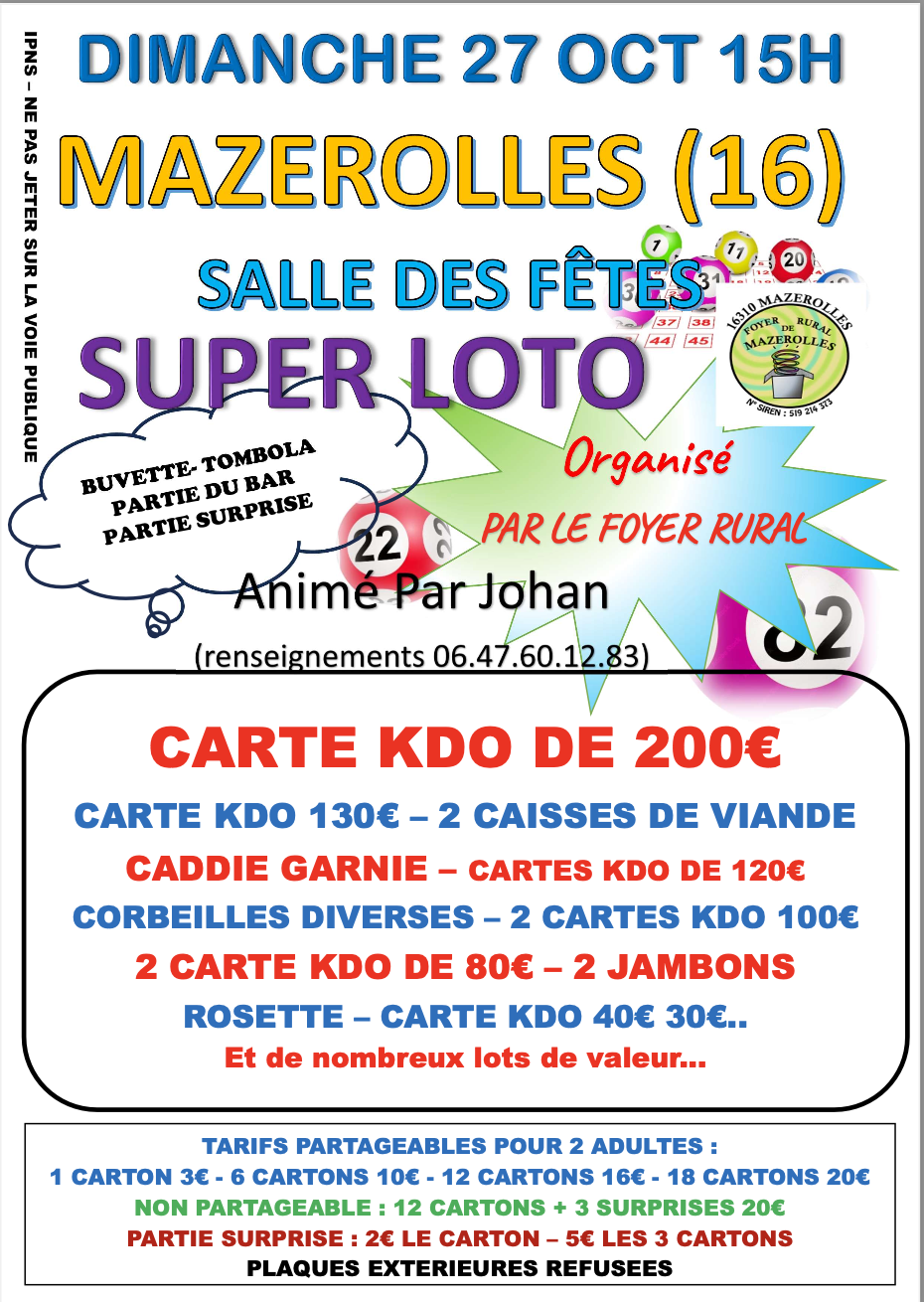 Super Loto à Mazerolles en Charente le 27 octobre 2024